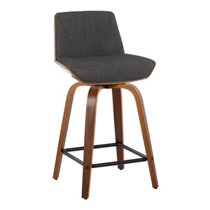 English Elm Corazza 24" Mid-Century Counter Stool Set of 2 — Walnut Wood Legs, Charcoal Fabric, 360° Swivel Comfort B202S00034