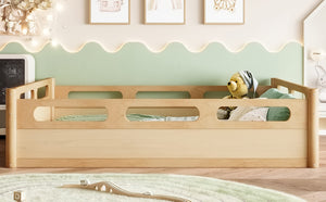 English Elm Twin Low Profile Floor Bed with Guardrails Pine Wood Frame Minimalist Bedroom Natural W1580P438793