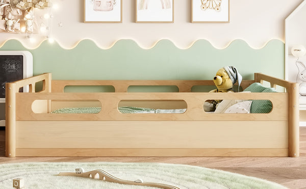 English Elm Twin Low Profile Floor Bed with Guardrails Pine Wood Frame Minimalist Bedroom Natural W1580P438793
