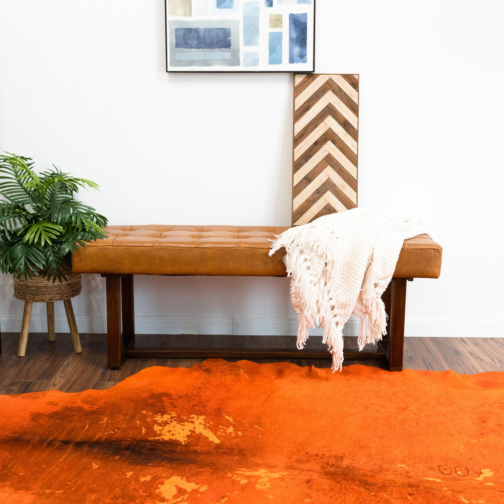 English Elm Ashcroft Furniture - Cameron Mid-Century Tan Leather Bench with Solid Wood Frame, Genuine Leather Seat, Tapered Legs — Stylish Entryway Accent B183P231824