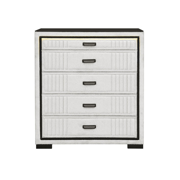 English Elm Isaiah Upholstered White and Black Chest with LED Lighting, Solid Wood MDF, Spacious Drawers and Handles White+Black 42.56 L x 18.11 W x 42.56 H B201P391214