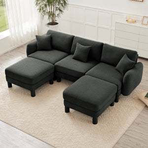English Elm Boucle U-Shape Sectional Sofa With Shell Armrests & Movable Ottomans - Elegant Dark Grey Comfort W3041S00302