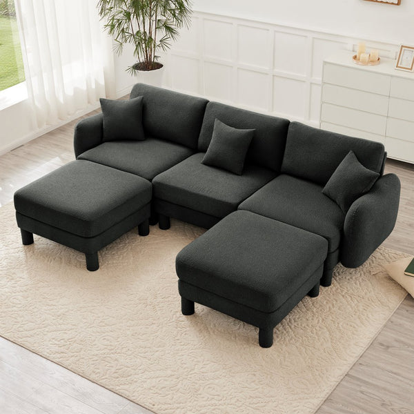 English Elm Boucle U-Shape Sectional Sofa With Shell Armrests & Movable Ottomans - Elegant Dark Grey Comfort W3041S00302