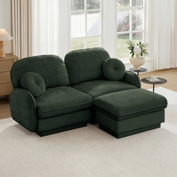 English Elm Chenille Cloud Modular Loveseat with Deep Foam Cushions Quilted Back and Ottoman Green W714S01766