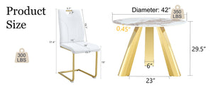 English Elm Table 7-Piece Dining Set: 42-Inch White Imitation Marble Round Table With 6 Gold-Leg Chairs W2920S00050-GIGA
