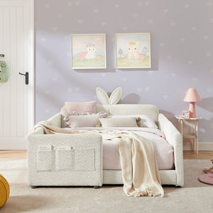 English Elm Full Size Boucle Platform Bed Whimsical Rabbit Ear Headboard with Safety Rail Beige W1413S00135
