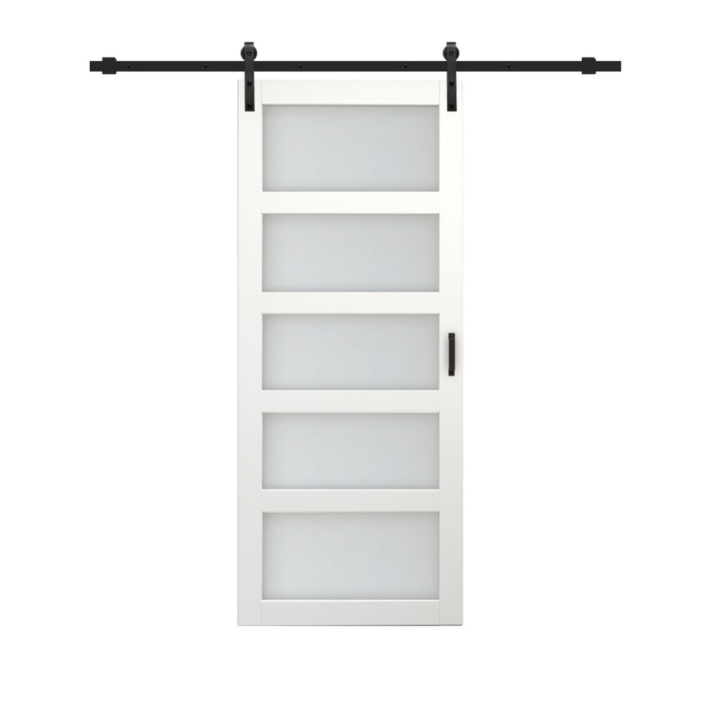English Elm 30 in Matte Black Steel Sliding Barn Door Frosted Glass Privacy Panel with Hardware B2763P483228