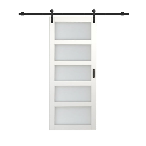 English Elm 30 in Matte Black Steel Sliding Barn Door Frosted Glass Privacy Panel with Hardware B2763P483228