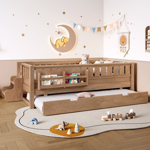 English Elm Twin Kids Platform Bed with Trundle Staircase Bookshelf and Rounded Safety Rails Natural W1580S00558