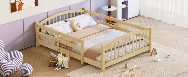 English Elm Full Montessori Pine Wood Floor Bed with Safety Rails Low Profile Kids Room Frame Natural N733P400299N