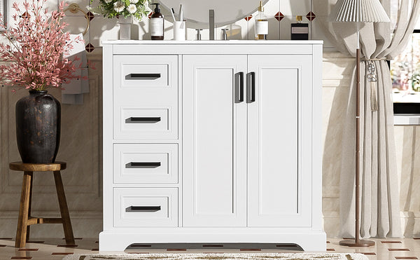 English Elm 36" Modern Bathroom Vanity with Ceramic Sink, Soft-Close Doors, 3 Drawers & Ample Storage for Small Baths White N729P280194K