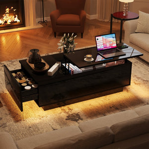 English Elm Coffee Table with Led Lighting Bluetooth Speaker Wireless Charging and Faux Marble Top T3773P417345