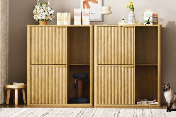English Elm 31.5-inch Grooved Wood Cat Litter Cabinet with Integrated Tree Mid-century Pet Furniture Natural W1162P407685