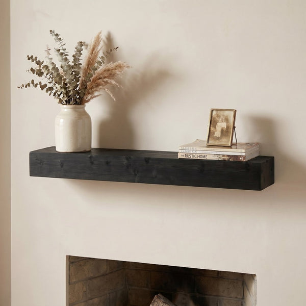 English Elm 48'' Solid Fir Wood Floating Mantel Shelf Farmhouse Style for Living Room Walls Black W2640P386614