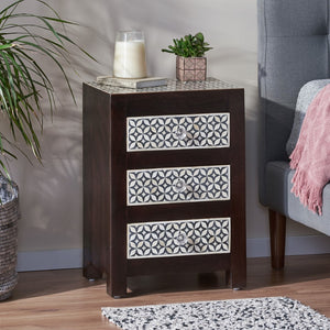 Christopher Knight Home® - Noble House - Benewah Handcrafted Boho 3 Drawer Mango Wood Nightstand, Dark Walnut, Black, and White