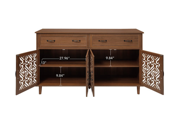 English Elm 4 Door Sideboard Buffet with Hand Carved Geometric Panels Black Oak Finish Raised Legs W688P359947