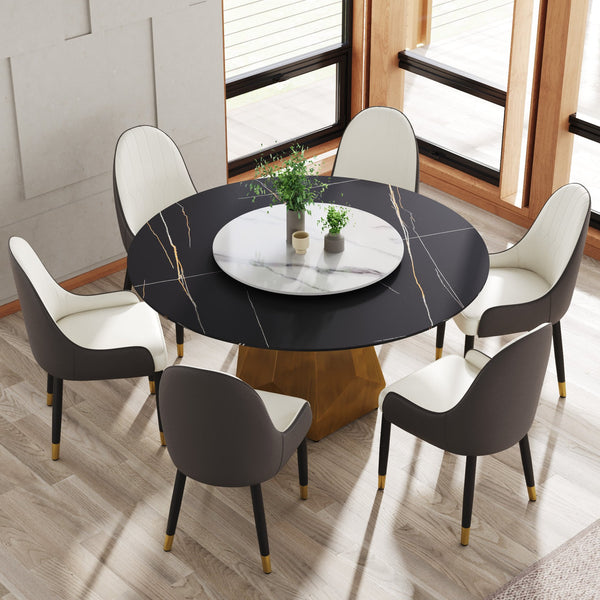 English Elm 59.05" Round Marble Dining Table With Turntable - Seats 6-8, Stylish Metal Base & Easy-Clean Surface W1535S00375