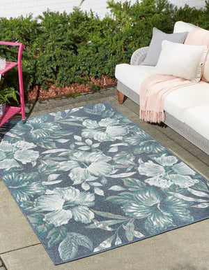 Unique Loom Outdoor Coastal Cicek Machine Made Floral Rug Blue, Ivory/Green/Gray 5' 3" x 8' 0"