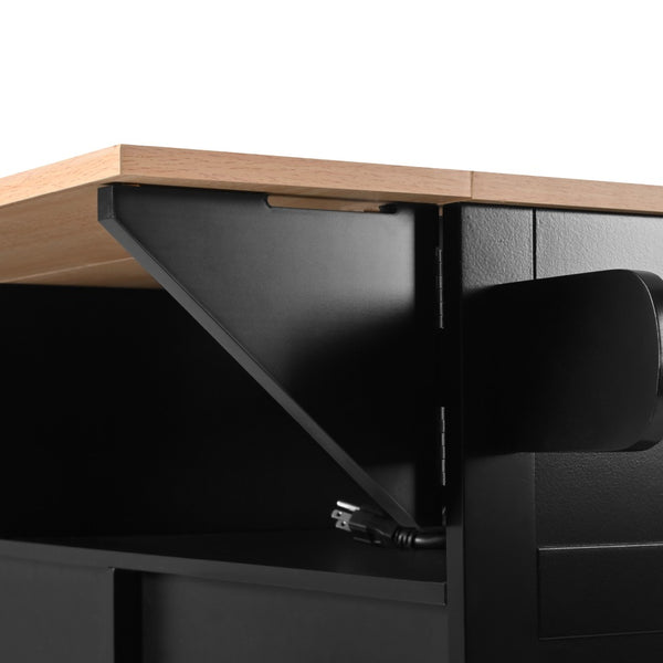 English Elm K&k Rolling Kitchen Island with Drop Leaves Power Outlet Drawers and Spice Rack Black N707S186617B