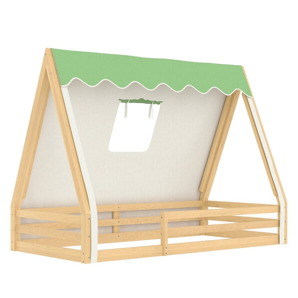 English Elm Twin Montessori Floor Bed Solid Pine Teepee Frame with Guardrails and Canopy Light W1580P369466