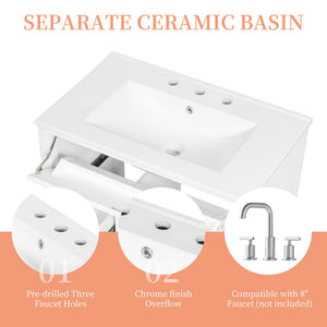 English Elm 30-Inch Contemporary Bathroom Vanity with Sink, MDF & Rubberwood, Glossy Finish, 3 Drawers + Cabinet White N725P350819K