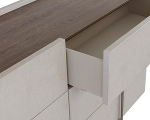 Sunpan Jamille Dresser - Elegant Cream Faux Leather with Brown Oak Top, 6 Soft-Close Drawers & Brass Base