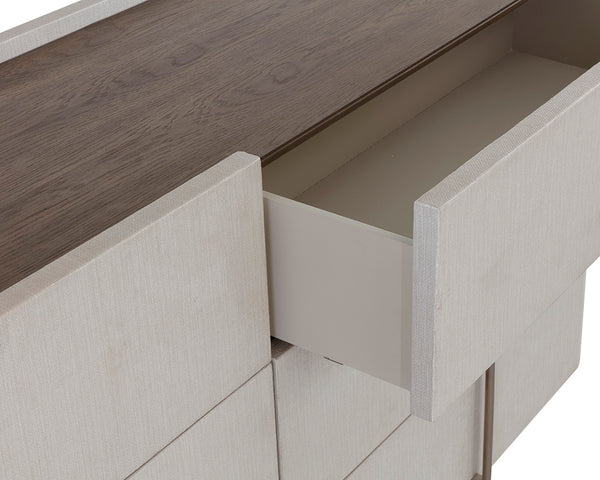 Sunpan Jamille Dresser - Elegant Cream Faux Leather with Brown Oak Top, 6 Soft-Close Drawers & Brass Base