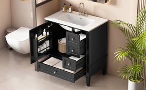 English Elm 30 30 Inch Bathroom Vanity with Ceramic Sink, Modern Compact 3-Drawer Storage Cabinet for Small Baths Black N710P247499B