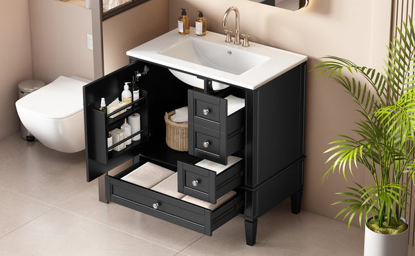 English Elm 30 30 Inch Bathroom Vanity with Ceramic Sink, Modern Compact 3-Drawer Storage Cabinet for Small Baths Black N710P247499B