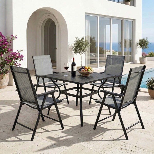 English Elm Outdoor Steel Bistro Dining Set with Slatted Square Table and Four Folding Mesh Chairs Beige+Grey,Black W5159S00001