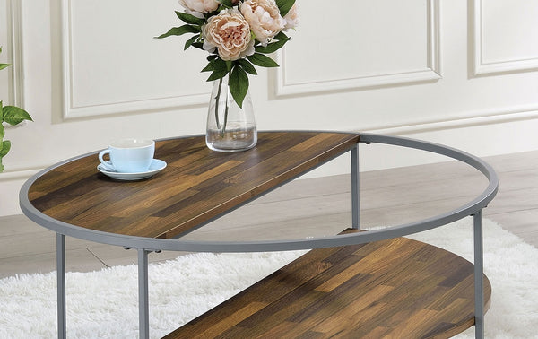English Elm Industrial Orrin Coffee Table 35.4" Dia x 18" H — Industrial Half-Shelf Design, Gray Walnut Veneer, Powder-Coated Frame, Modern Display-Friendly Style B2741P359589