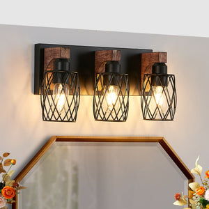 English Elm 18" Industrial Vintage 3-Light Wall Sconce Black Cage with Walnut Wood Accents for Bath Hallway W2312P374837