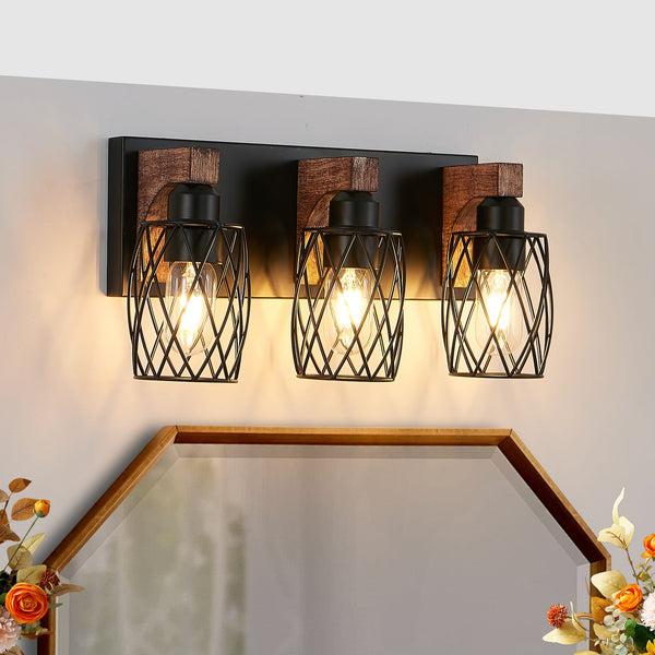 English Elm 18" Industrial Vintage 3-Light Wall Sconce Black Cage with Walnut Wood Accents for Bath Hallway W2312P374837