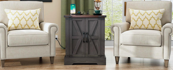 English Elm ON-TREND Farmhouse End Table with Built-In Charging Station, Rustic Walnut Top, Adjustable Shelf Grey N721P246478E