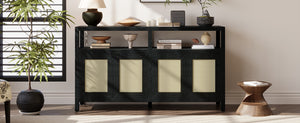 English Elm TREXM Bohemian Rattan Buffet Sideboard with Solid Wood Frame, Adjustable Shelves & Cord Management Black N715P290093B