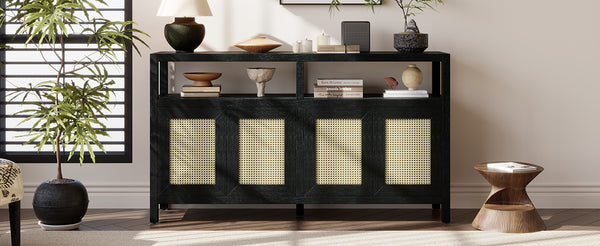 English Elm TREXM Bohemian Rattan Buffet Sideboard with Solid Wood Frame, Adjustable Shelves & Cord Management Black N715P290093B