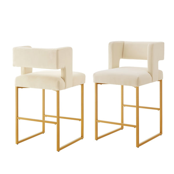 English Elm Modern Velvet Counter Stools Set of Two with Gold Iron Frame and Square Open Back Cream W2186P171945