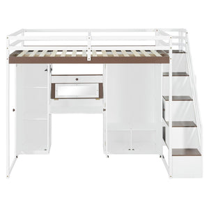 English Elm Full Size Teen Loft Bed with Wardrobe Staircase Storage Dressing Table and Led Lights LT000276AAP