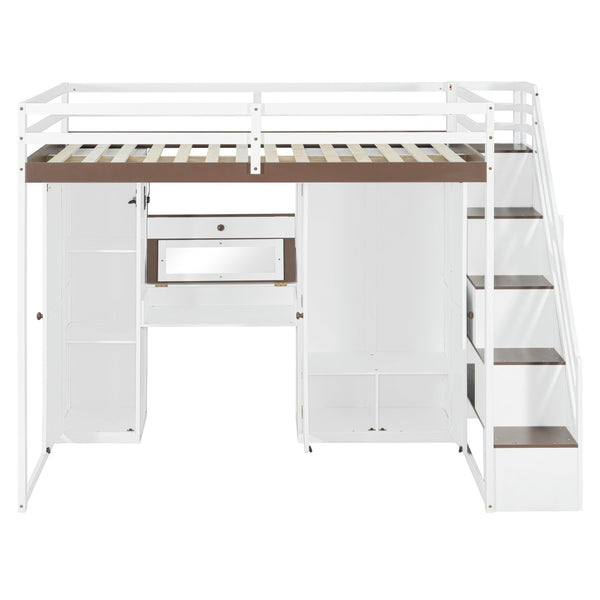 English Elm Full Size Teen Loft Bed with Wardrobe Staircase Storage Dressing Table and Led Lights LT000276AAP