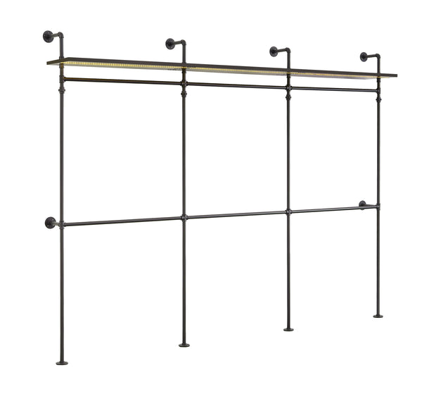 English Elm Industrial Pipe Clothing Rack Reversible 118.3" Heavy-Duty Garment & Walk-In Wardrobe with LED Lights, Shelves and Wall-Mount Stability W1820P214612