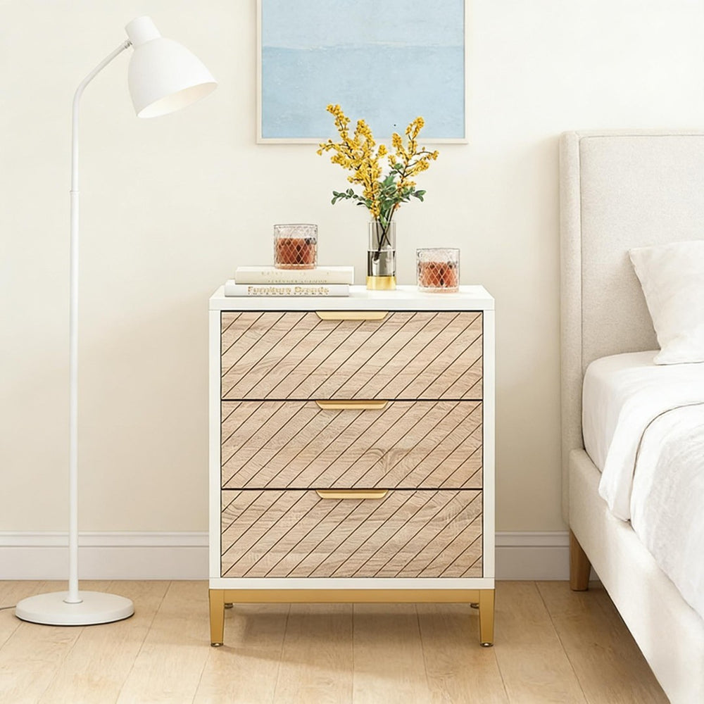 English Elm Versatile 3 Drawer Nightstand with Gold Legs Light Wood Grain Finish Bedroom End Table T3971P448530