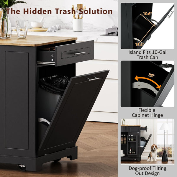 English Elm K&k Rolling Kitchen Island Rubber Wood Top Fluted Cabinet Built-in Charging Station Black N707S221571B