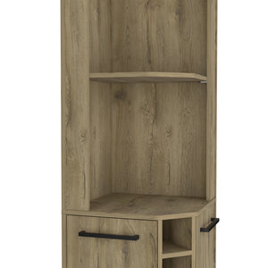 English Elm Hans Corner Bar Cabinet Macadamia Oak Finish with 5 Bottle Wine Rack, 9pc Stemware, 2 Shelves, Storage B070S00181