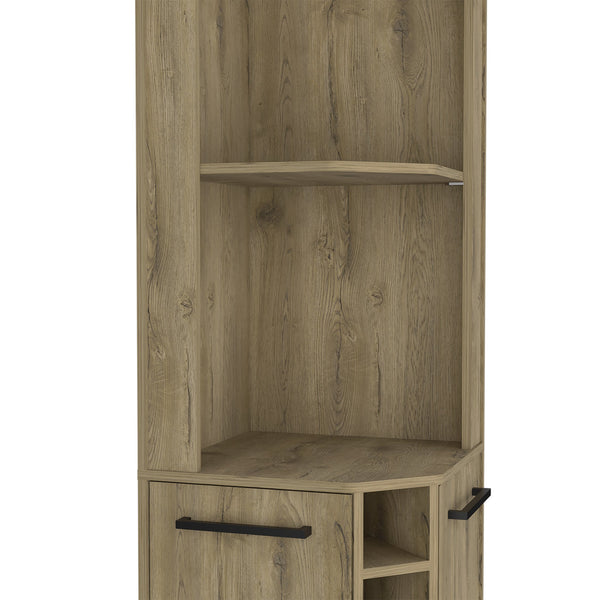 English Elm Hans Corner Bar Cabinet Macadamia Oak Finish with 5 Bottle Wine Rack, 9pc Stemware, 2 Shelves, Storage B070S00181