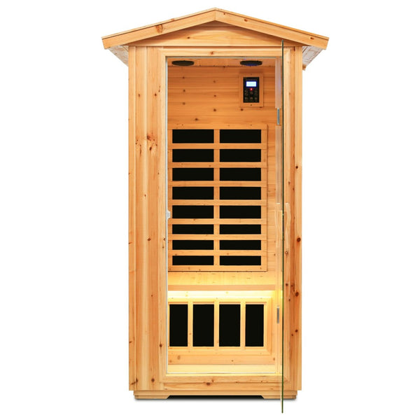 English Elm One Person Outdoor Far Infrared Sauna Aged Fir Wood Spa with Led Audio Panel W632S00013