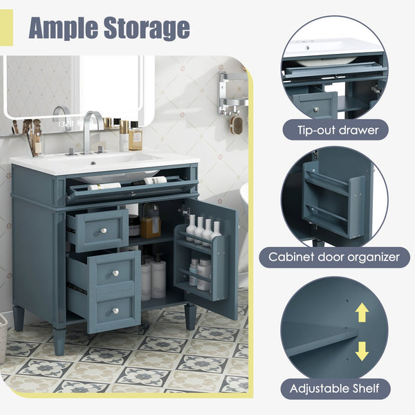 English Elm 30'' Modern Bathroom Vanity With Ceramic Sink, 3 Drawers & Cabinet Storage For Organized Elegance N710P206904M