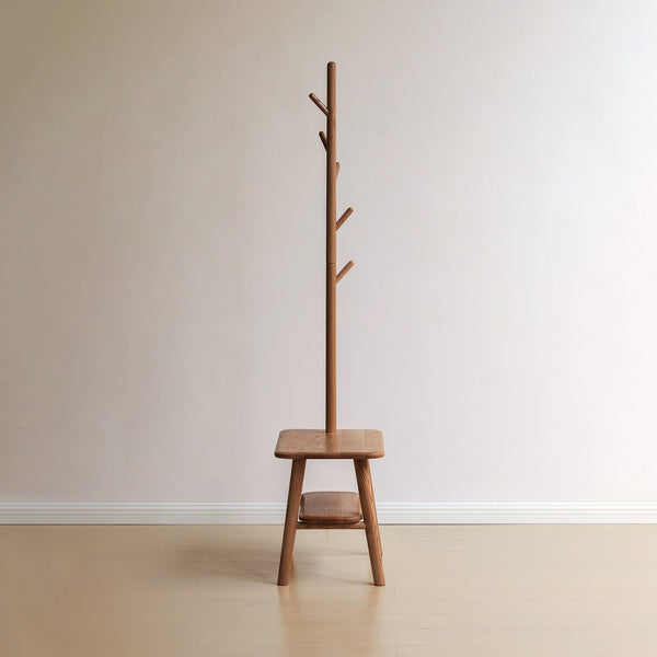 English Elm (Walnut Color) Natural Solid Wood Shoe Stool with Coat Rack Bench, 100% Oak Storage Seat, Mid-Century Modern Organizer for Entryway and Living Spaces W1283P298169