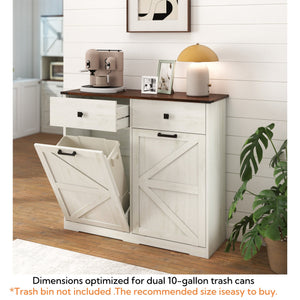 English Elm Farmhouse Barn Door Tilt-Out Trash Cabinet with Waterproof Woodgrain Top, 2 Drawers, 2x10gal Storage W2557P237960