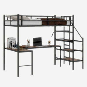 English Elm Loft loft bed with L-shaped desk, built-in storage stairs, 360° guardrail, sturdy iron frame for small rooms Black W1935S00003