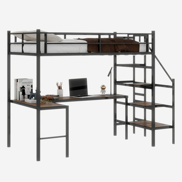 English Elm Loft loft bed with L-shaped desk, built-in storage stairs, 360° guardrail, sturdy iron frame for small rooms Black W1935S00003